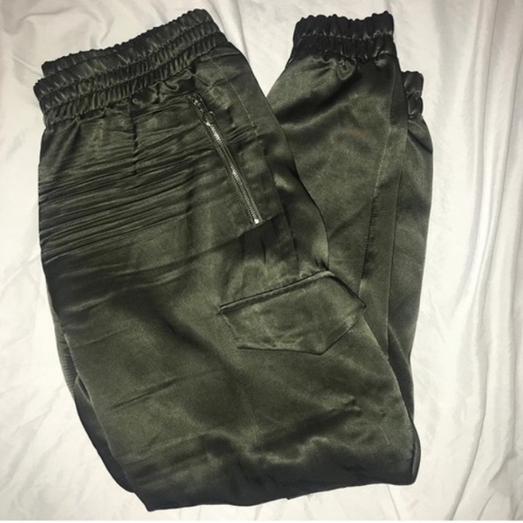 ZARA Olive Green silk satin pants with gold zipper